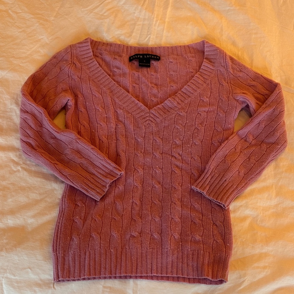 Ralph Lauren Pink 100% Cashmere V-Neck Cable Sweater